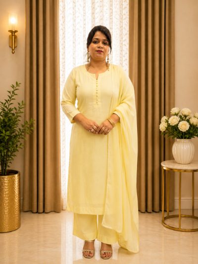 Adaa Bazaar Women's Readymade Cotton Suit (light Yellow) with Dupatta