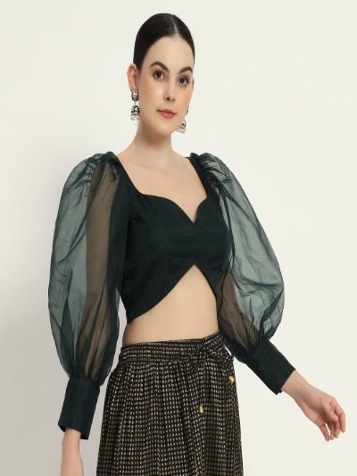 Adaa Bazaar Women's Readymade Green Blouse with Full Sleeves