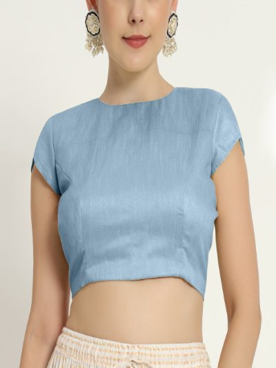 Baby Blue Pad Blouse with Sleeves and Front O-Neck Design