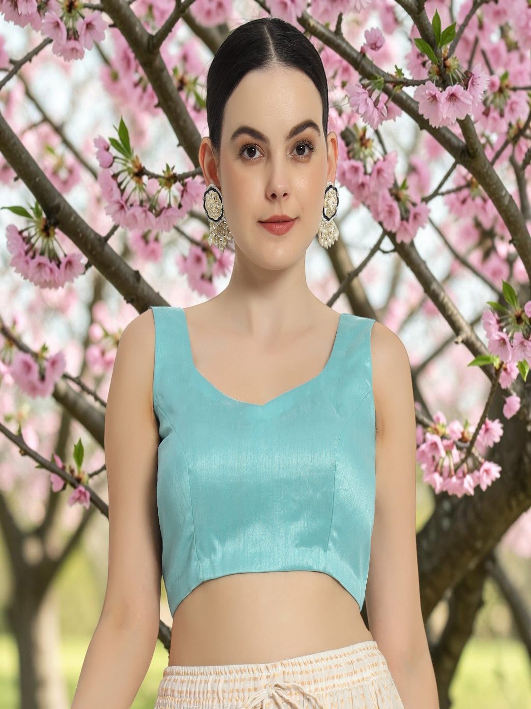Adaa Bazaar Women's Readymade Firozi Blouse with Half Sleeves