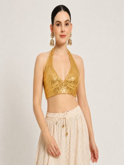 Adaa Bazaar Sequins Party Wear Cut Sleeves Stitched Halter Neck Blouse