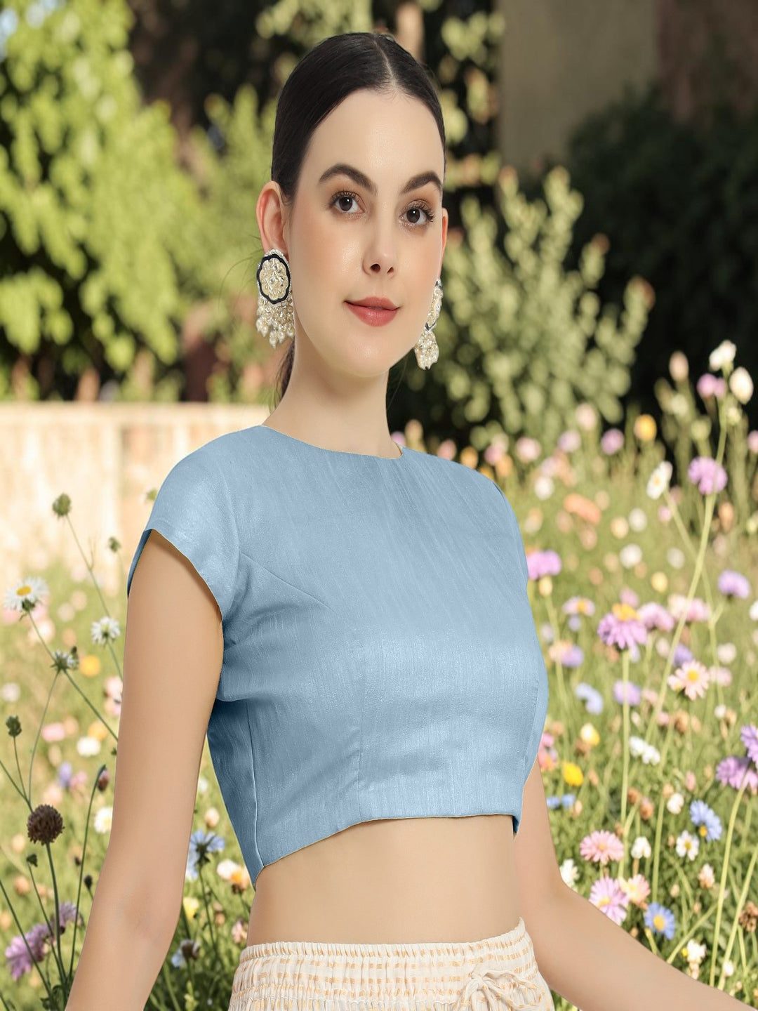 Baby Blue Pad Blouse with Sleeves and Front O-Neck Design