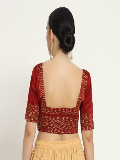 Adaa Bazaar Women's Handmade Red Blouse with Stone Work Half Sleeves