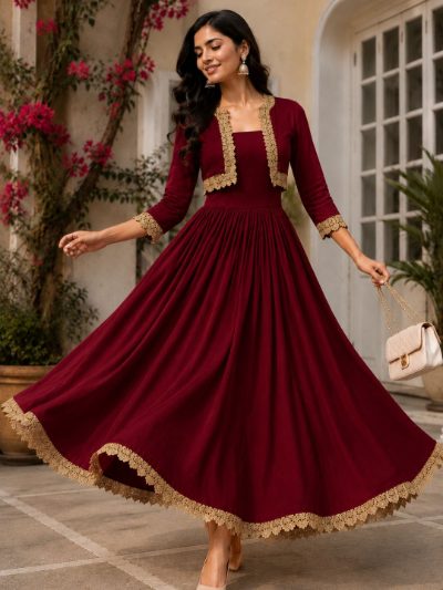 Adaa Bazaar Women's Cotton Cambric Calf-Length Dress with Half Jacket