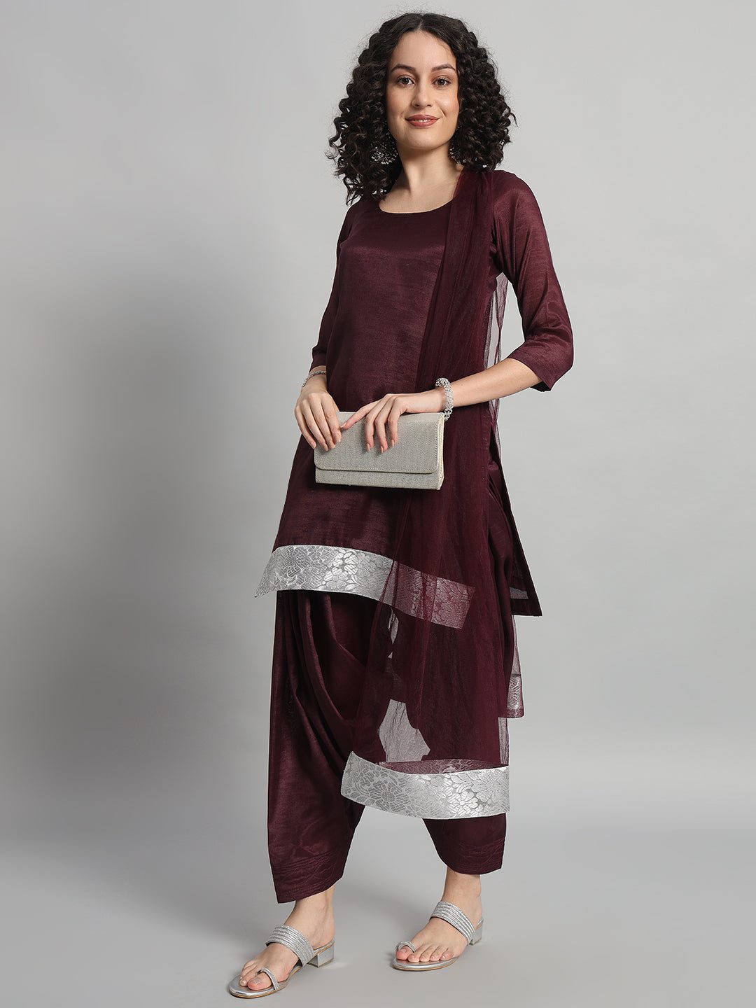 Adaa Bazaar Women's Readymade Patiala Suit (wine) with Dupatta
