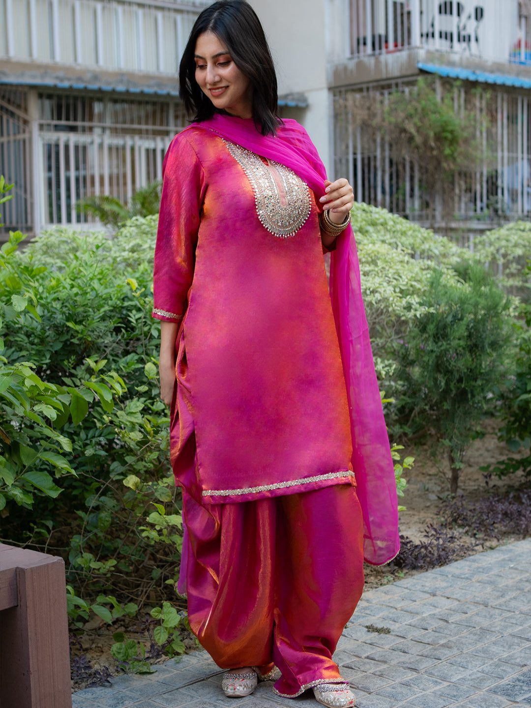 Adaa Bazaar Women's Pink Sequin and Mirror Work Suits with Dupatta