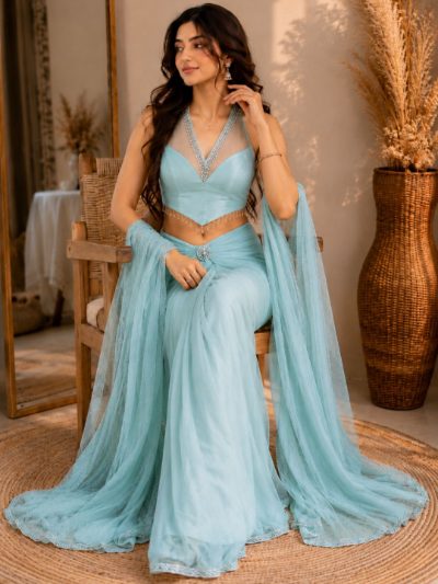 Adaa Bazaar Georgette Embellished Pre-Draped Skirt Set with Designer Halter Blouse and Dupatta