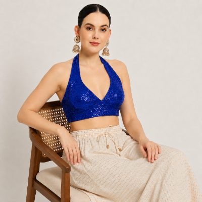Adaa Bazaar Sequins Party Wear Cut Sleeves Stitched Halter Neck Blouse