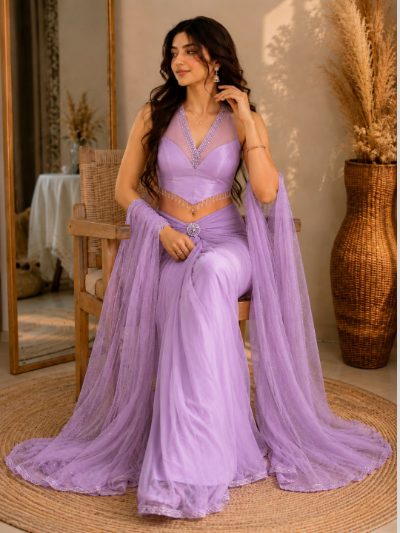 Adaa Bazaar Georgette Embellished Pre-Draped Skirt Set with Designer Halter Blouse and Dupatta