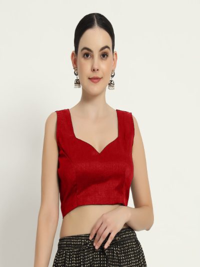 Adaa Bazaar Women's Readymade Red Silk Blouse Cut Sleeves