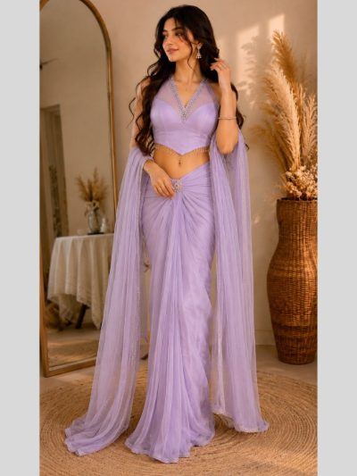 Adaa Bazaar Georgette Embellished Pre-Draped Skirt Set with Designer Halter Blouse and Dupatta