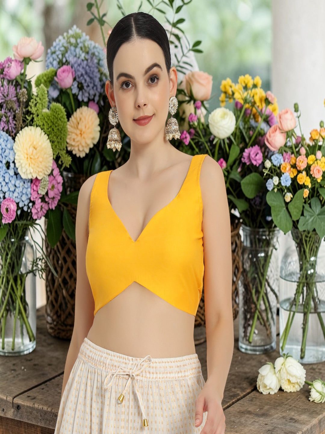 Adaa Bazaar Women's Readymade Yellow Blouse with Cut Sleeves