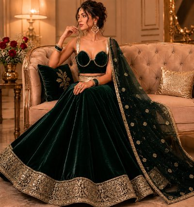 Adaa Bazaar Women’s Designer Velvet Lehenga Choli Set with Dupatta