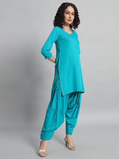 Adaa Bazaar Women's Readymade Patiala Suit (firozi) with Light Gold Dupatta