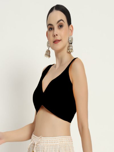 Black Sweetheart Neck Cut Sleeves Blouse with Front Curve Design