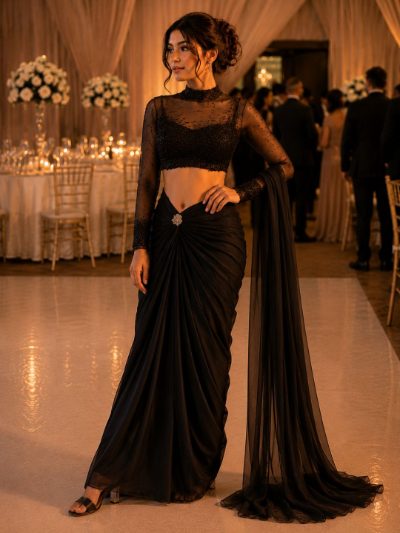 Adaa Bazaar Designer Georgette Drape Skirt Set with Embellished High Neck Full Sleeve Blouse & Dupatta