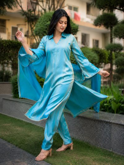Adaa Bazaar Women's Sky Colour Sequin Work Less Suits with Dupatta